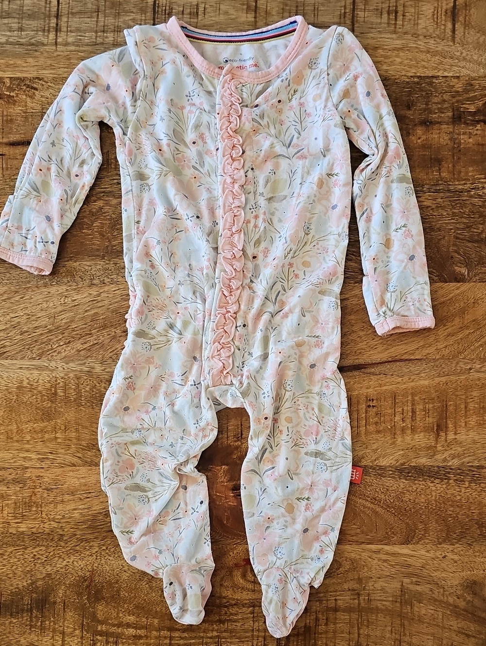 Magnetic Me Soft Pink Floral Ruffle Magnetic Footie 3-6M
